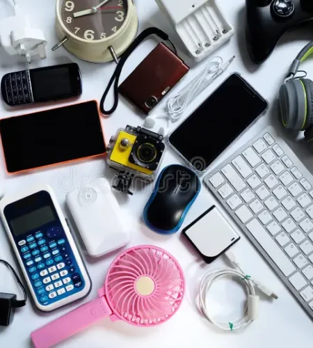 About many used modern electronic gadgets use white floor reuse recycle concept top view 153892434